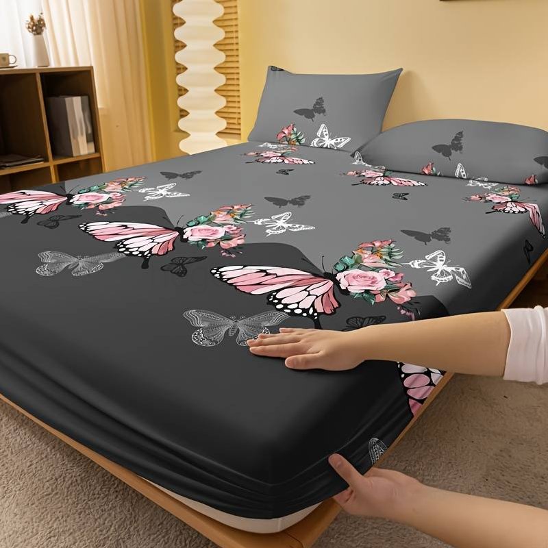 (image for) 1pc Brushed Fitted Sheet, Soft Comfortable Rose Butterfly Bedding Fitted Sheet, For Bedroom, Guest Room, With Deep Pocket, Fitted Bed Sheet Only
