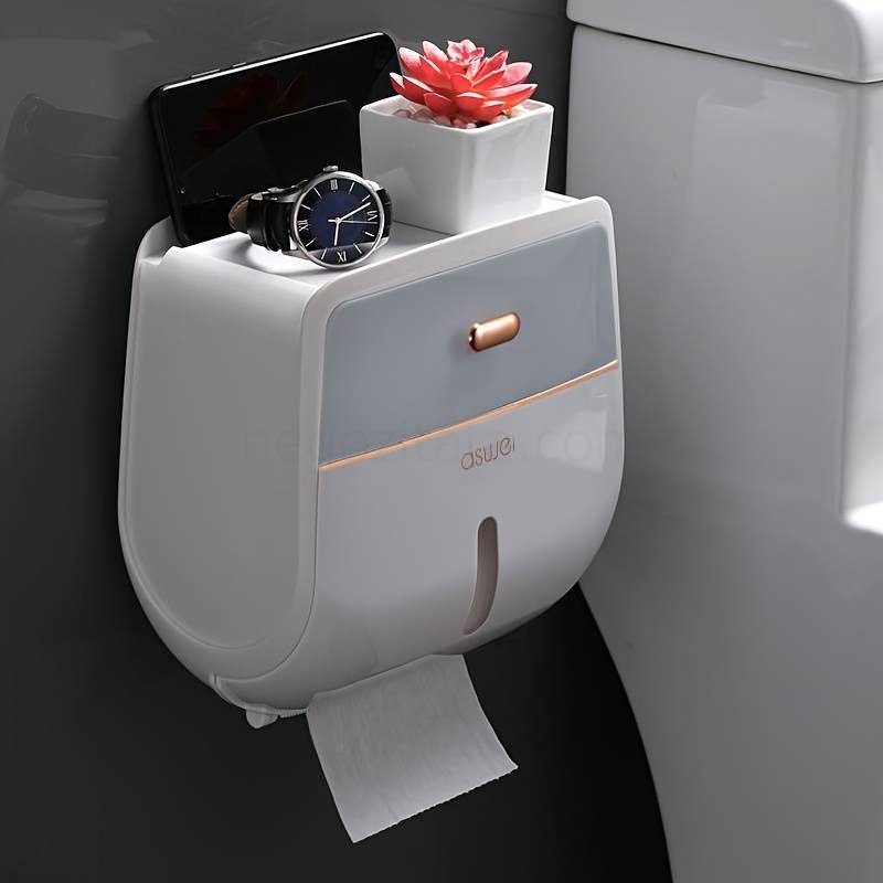 (image for) 1pc Toilet Roll Paper Holder, Double Layer Large Capacity Tissue Storage Box, Wall Mounted Bathroom Tissue Dispenser, Waterproof Tissue Box, Bathroom Accessories